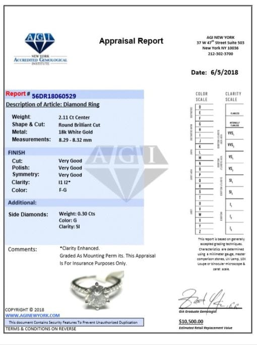 2.11 ct Brilliant Round Diamond Engagement Ring Certificate